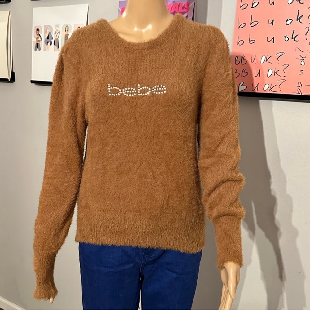 Bebe Brown Crew Neck Sweater with Cozy Fuzzy Texture